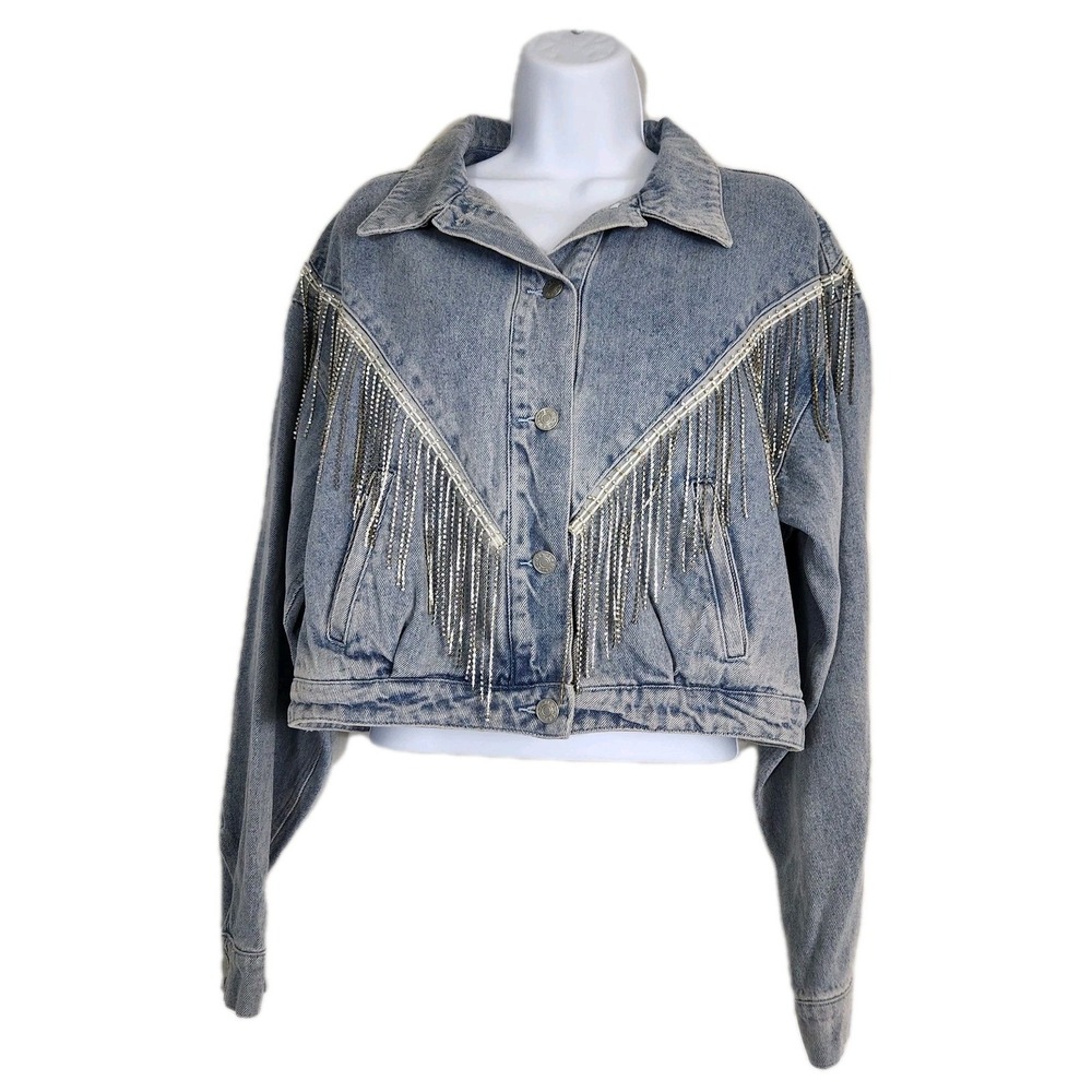NEW Blue B Denim Jacket Fringe Rhinestone Cropped Western Womens Large Cowgirl